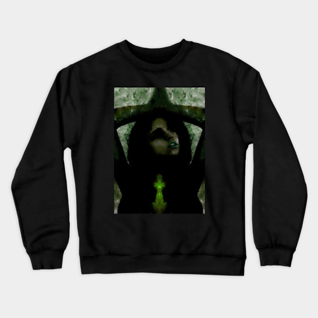 Portrait, digital collage, special processing. Beautiful but dark, like witch, woman. Tale. Green. Crewneck Sweatshirt by 234TeeUser234